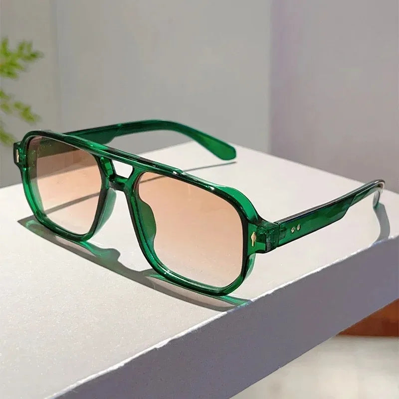 Vintage Double Bridges Square Sunglasses - Fashion - Green Ocean Lens - UV400 Eyewear - Trending Rivets Sun Glasses