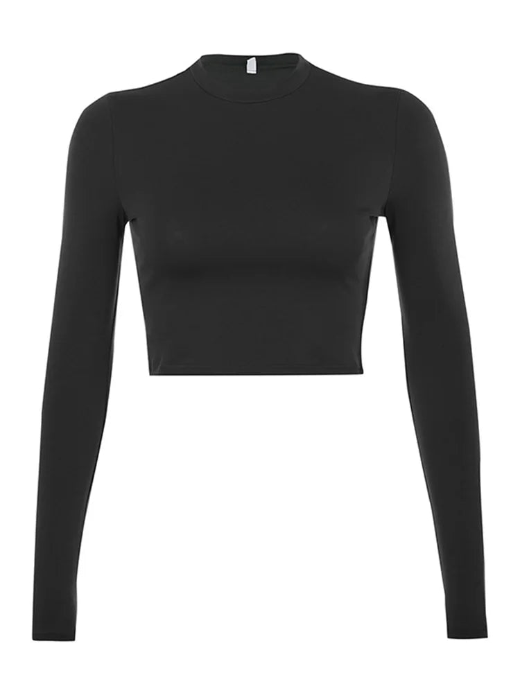 Women's Solid Crop Top Long Sleeve T-shirt