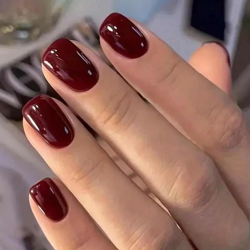 24 Pcs - Solid Color Wine Red Design Press on Nail Short Square False Nails Simple Detachable Finished Full Cover Nail Tips