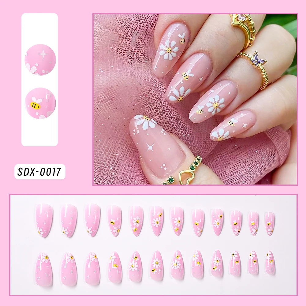 24 Pcs - Gold Ripple, Brown Flowers, False Nails with Rhinestones, Pearl Design, Wearable, Almond False Nails, Full Cover Press on Nails
