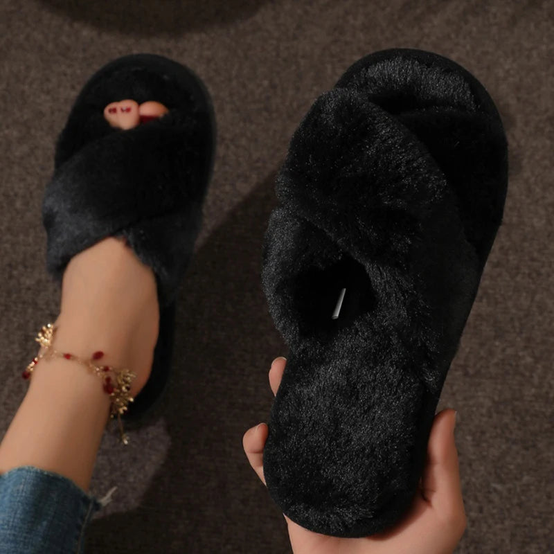 Cross Warm Fluffy Furry Slippers - Lightweight Flat Heels - Fur Slides Open Toe Non Slip Home Floor Shoes