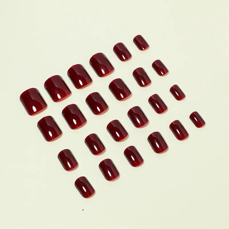 24 Pcs - Solid Color Wine Red Design Press on Nail Short Square False Nails Simple Detachable Finished Full Cover Nail Tips