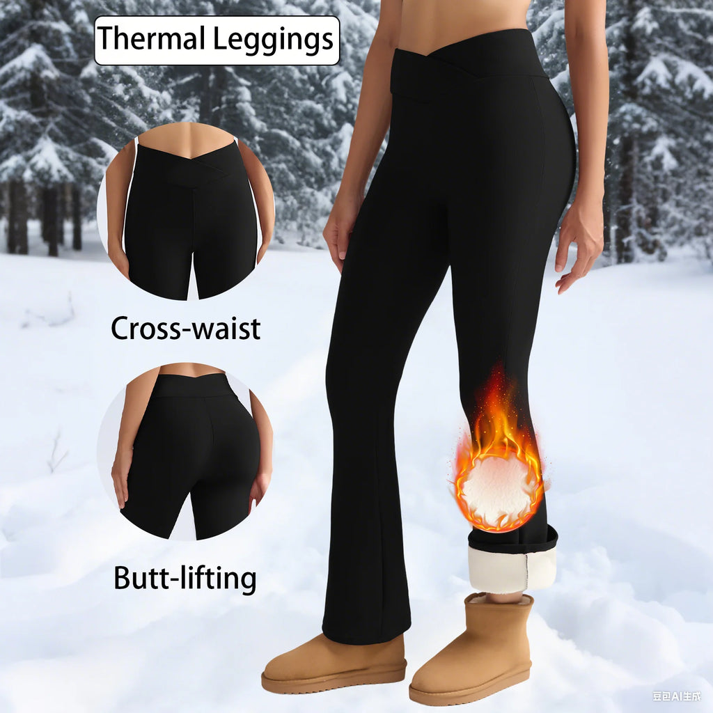 Women's Fleece Leggings - Thick Flared Pants - High-Waisted Thermal Tights - Tummy Control Leggings - Casual Wear