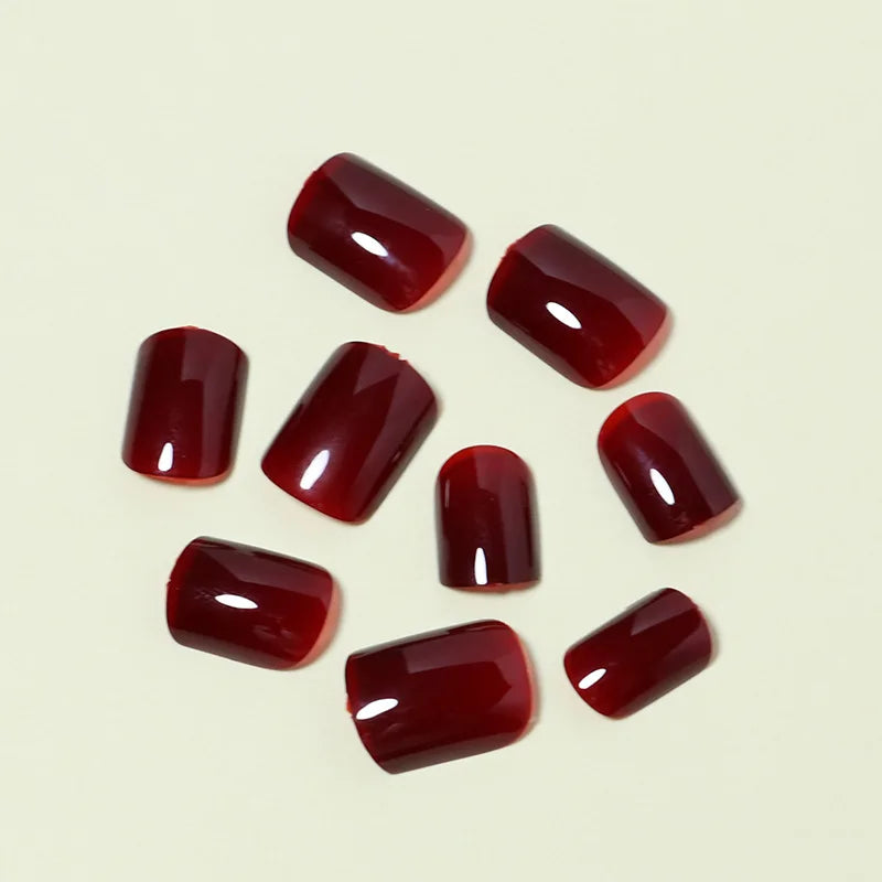 24 Pcs - Solid Color Wine Red Design Press on Nail Short Square False Nails Simple Detachable Finished Full Cover Nail Tips