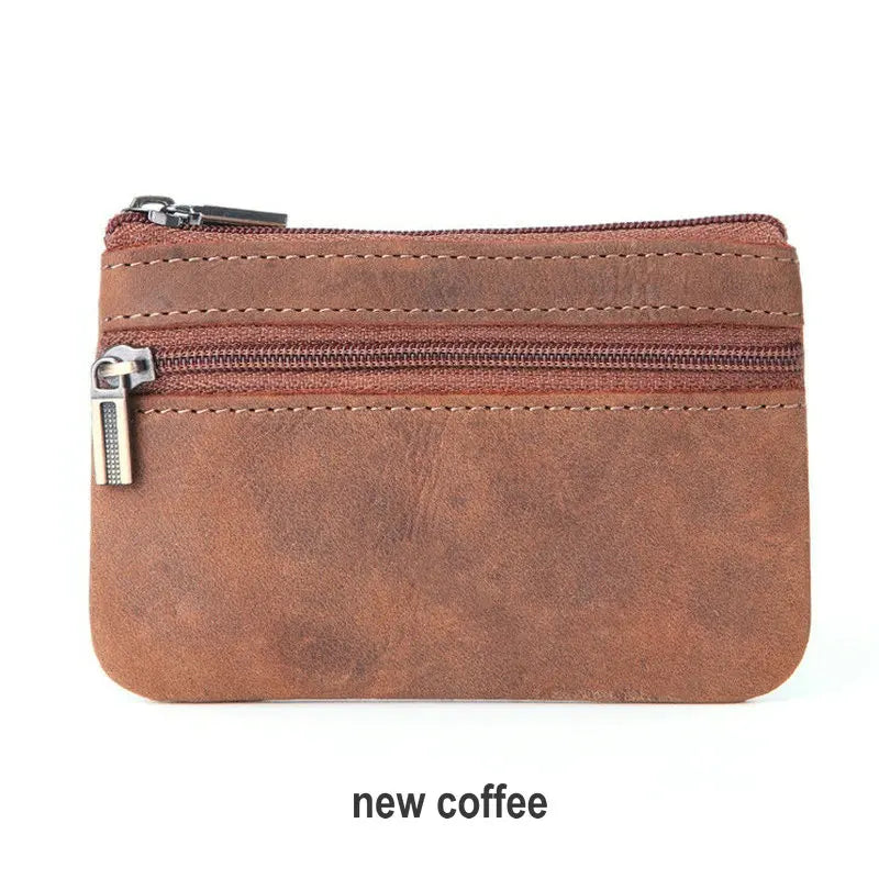 Vintage Crazy Horse Leather Men's Coin Purse Genuine Leather Zipper Coin Wallet Retro Key Holder Small Money Bag