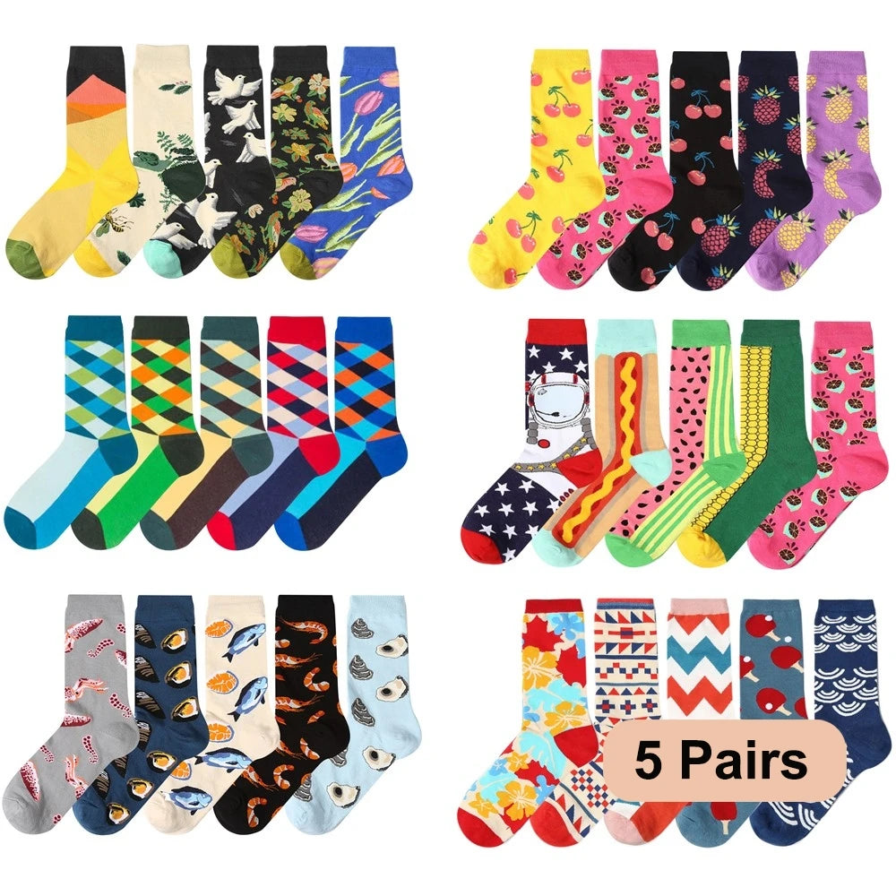 5 pairs - New Men's and Women's Cotton Socks - Casual Colorful Socks - Crew Socks - Street Skateboard Socks - Happy, Funny, Harajuku, Sox, Meias
