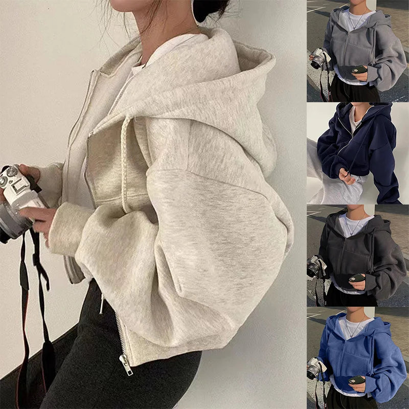 Fleece-lined Versatile Cropped Slims Smooths Silhouette Zip-up Hooded Sweatshirt