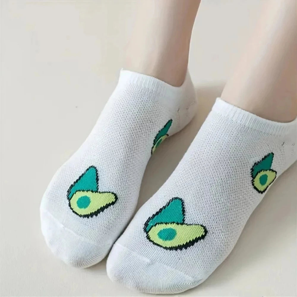 5 Pairs - Women's Avocado Low Cut Ankle Socks - Cartoon Fresh Fashion - Breathable Kawaii Comforts