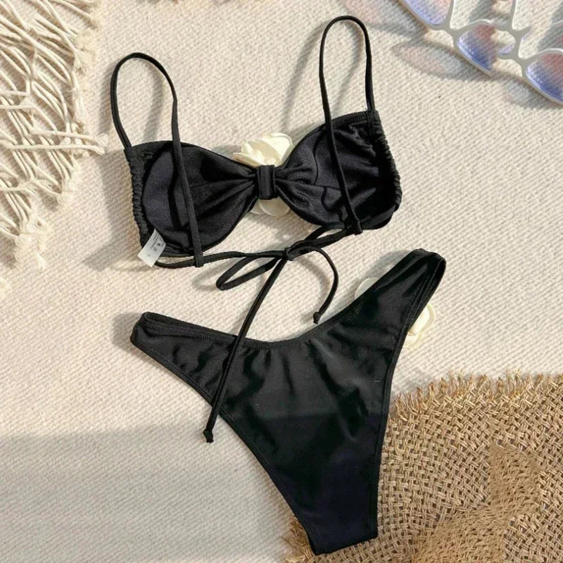Women's Flower Bandeau Swimwear Thong Bikini