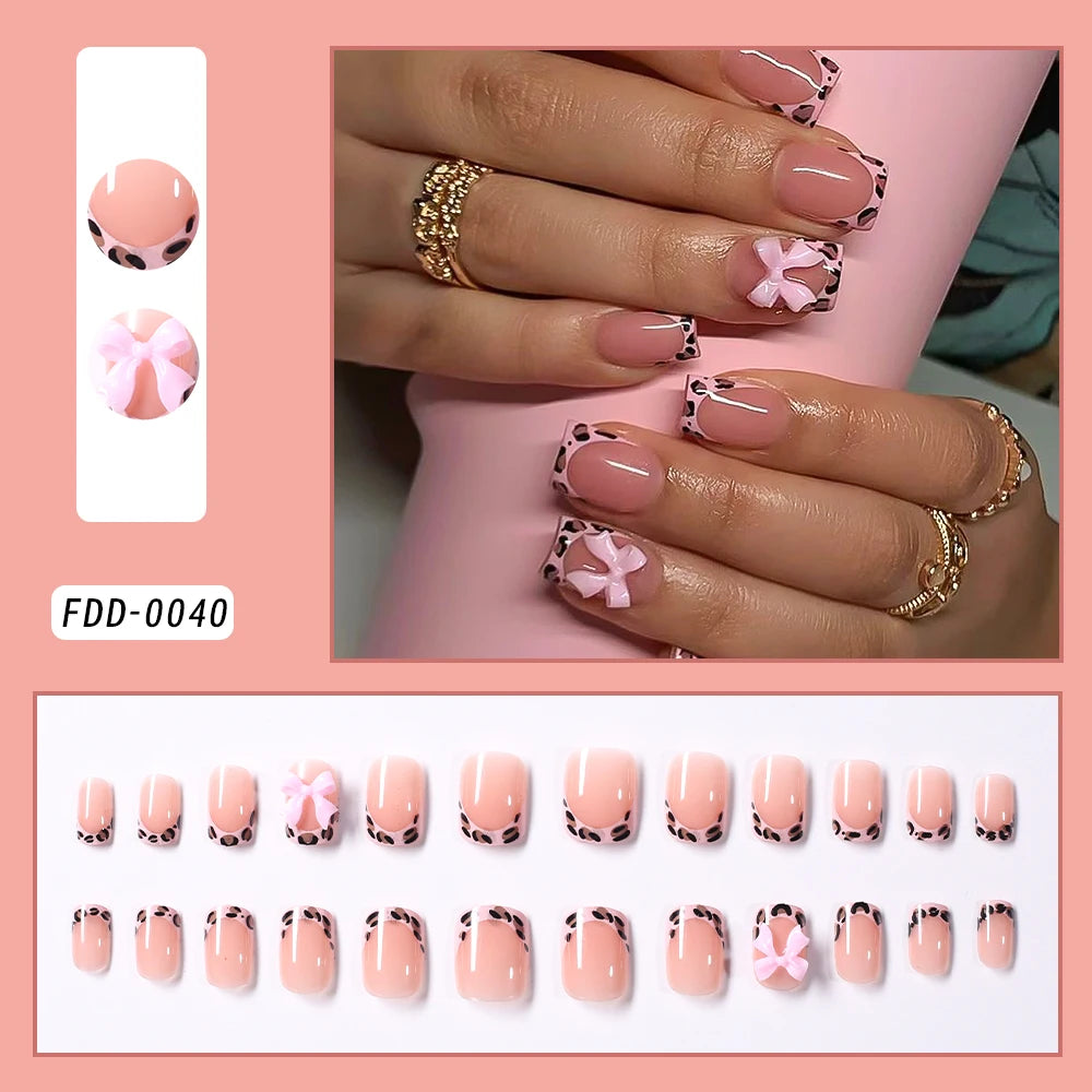24 Pcs - Gold Ripple, Brown Flowers, False Nails with Rhinestones, Pearl Design, Wearable, Almond False Nails, Full Cover Press on Nails