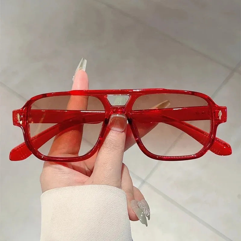 Vintage Double Bridges Square Sunglasses - Fashion - Green Ocean Lens - UV400 Eyewear - Trending Rivets Sun Glasses