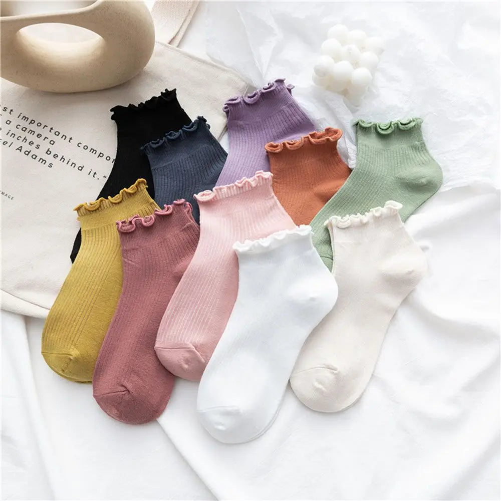 Women's Frilly Ruffle Cotton Socks - Ankle Short - Boat Socks - Loose Knitting - Solid Color - Mid Tube Sock