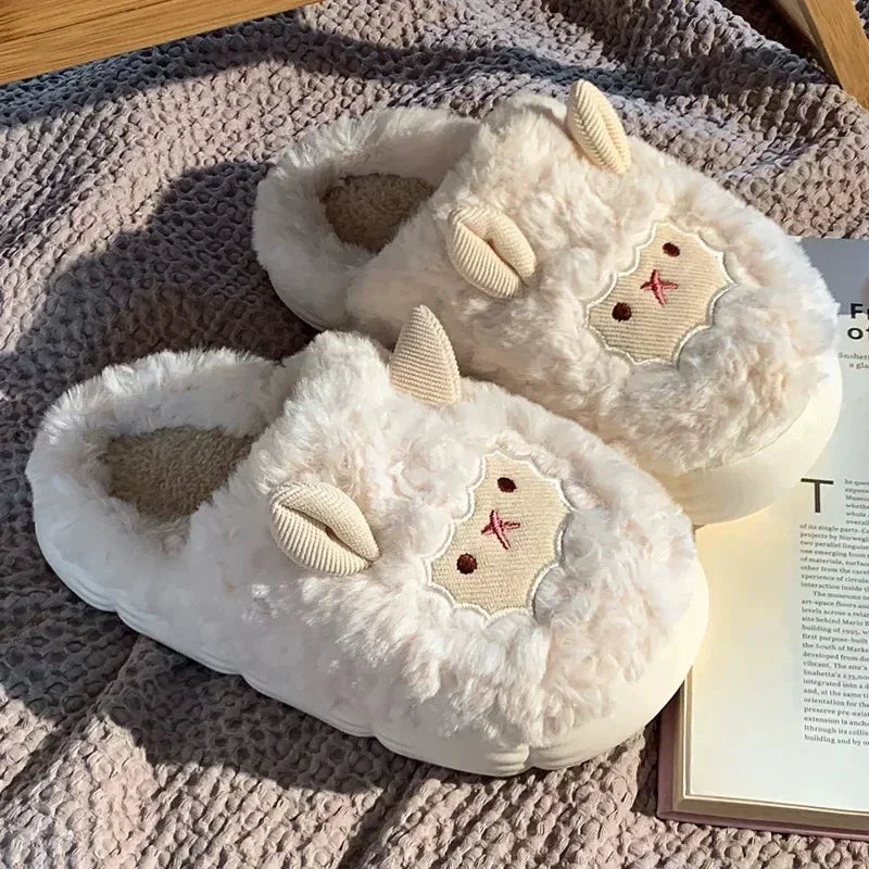 Sheep Plush Slippers - Warm Fluffy Faux Fur Sheep Cotton Slippers