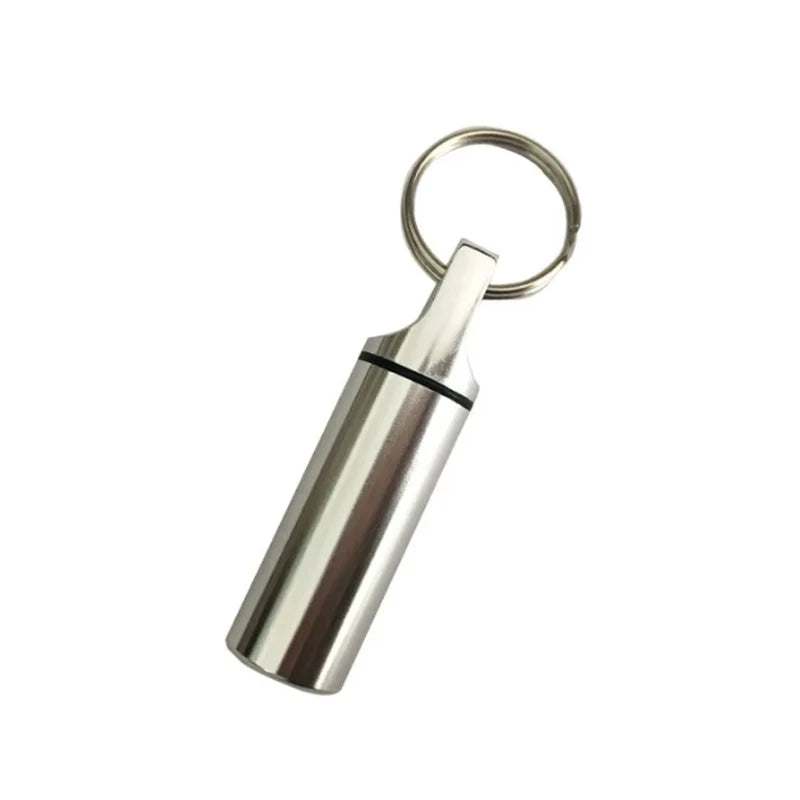Aluminum Waterproof Pill Box Cases with Sealed Storage - Flat Head - Round Alloy Cartridge and Keychain for Vitamin, Medicines, Fish Oils