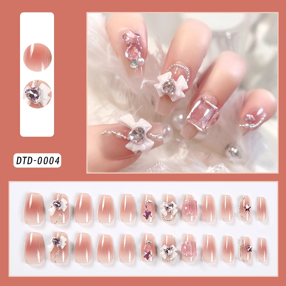 24 Pcs - Gold Ripple, Brown Flowers, False Nails with Rhinestones, Pearl Design, Wearable, Almond False Nails, Full Cover Press on Nails