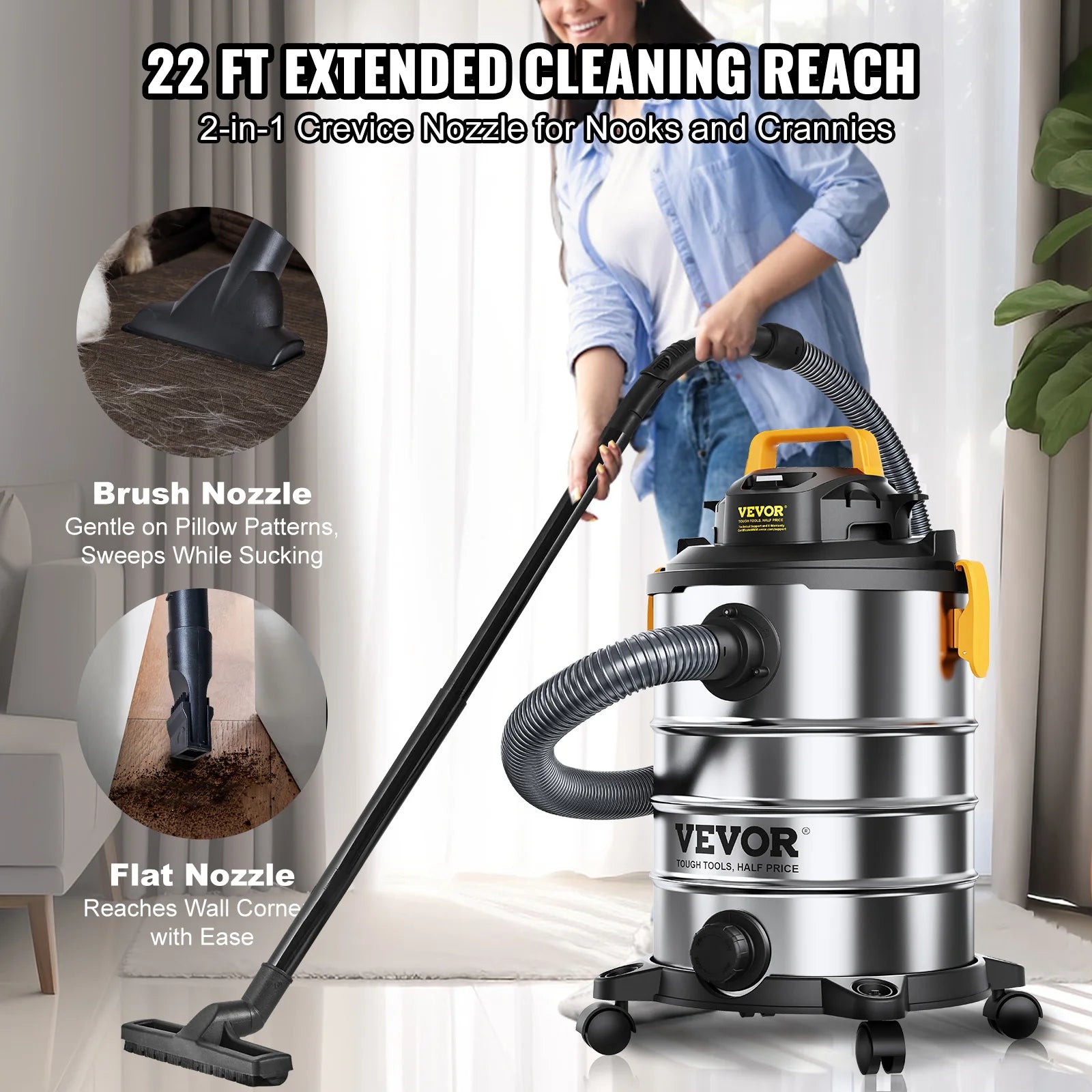 Stainless Steel Wet Dry Shop Vacuum - Wet Dry Vac with Powerful Suction - Small Shop Vac Perfect for Carpet Debris and Pet Hair