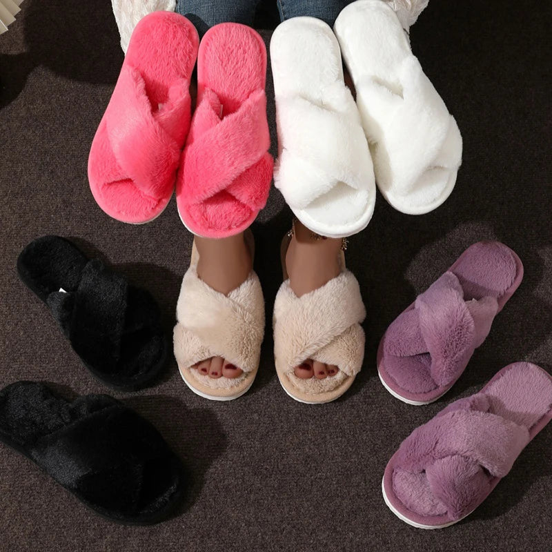 Cross Warm Fluffy Furry Slippers - Lightweight Flat Heels - Fur Slides Open Toe Non Slip Home Floor Shoes