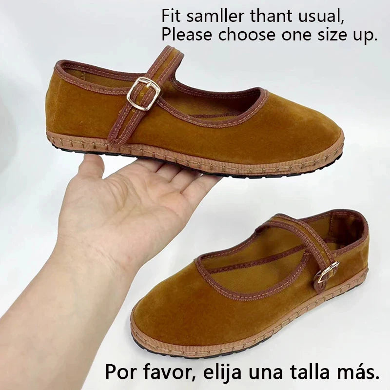 Women's Velvet Mary Jane Shoes - Hand Stitched Casual Streetwear - Ballet Flats