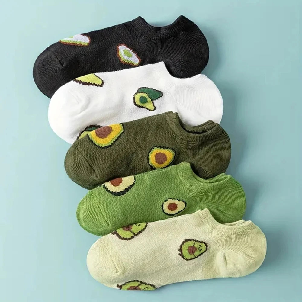 5 Pairs - Women's Avocado Low Cut Ankle Socks - Cartoon Fresh Fashion - Breathable Kawaii Comforts