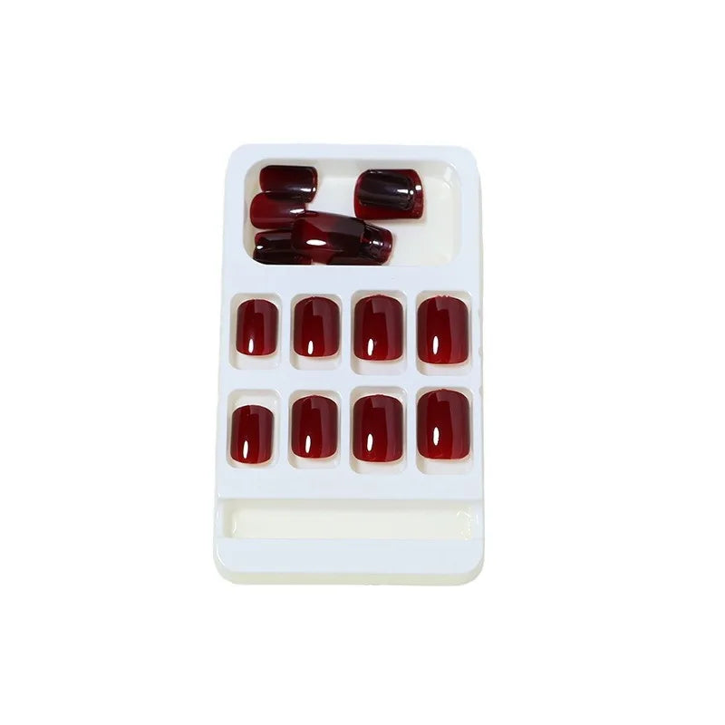 24 Pcs - Solid Color Wine Red Design Press on Nail Short Square False Nails Simple Detachable Finished Full Cover Nail Tips