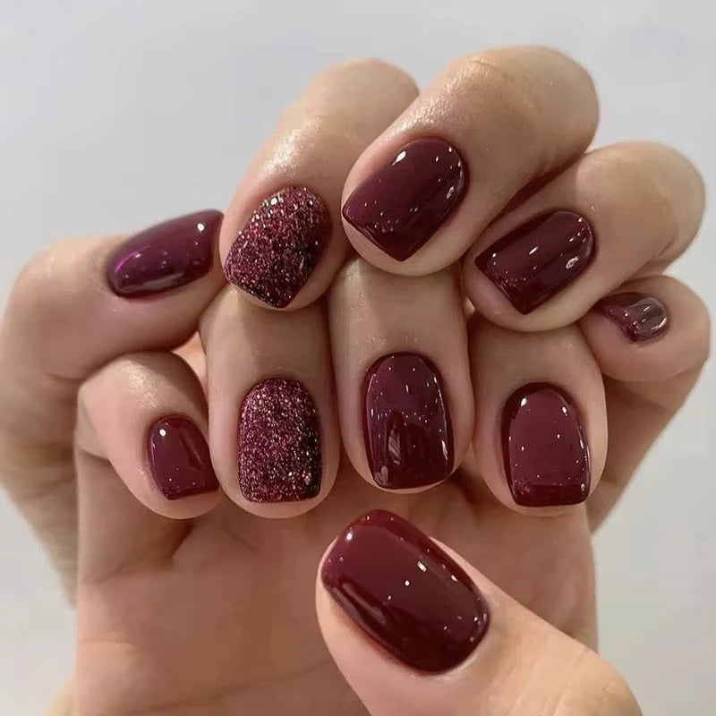 24 Pcs - Solid Color Wine Red Design Press on Nail Short Square False Nails Simple Detachable Finished Full Cover Nail Tips