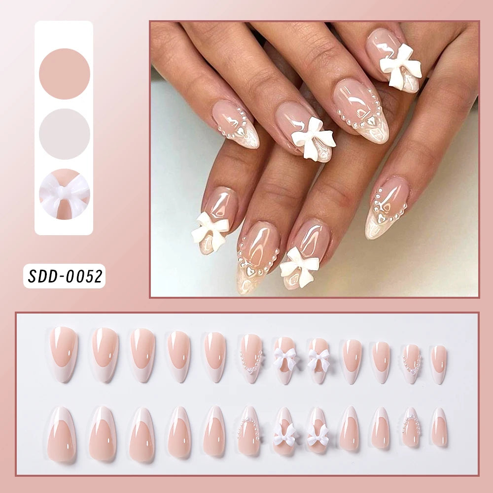 24 Pcs - Gold Ripple, Brown Flowers, False Nails with Rhinestones, Pearl Design, Wearable, Almond False Nails, Full Cover Press on Nails
