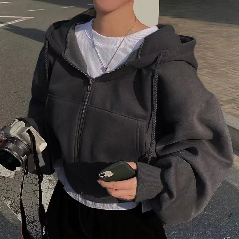 Fleece-lined Versatile Cropped Slims Smooths Silhouette Zip-up Hooded Sweatshirt