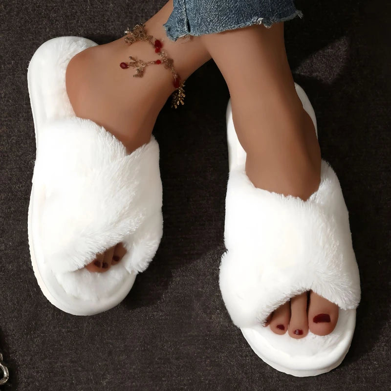 Cross Warm Fluffy Furry Slippers - Lightweight Flat Heels - Fur Slides Open Toe Non Slip Home Floor Shoes