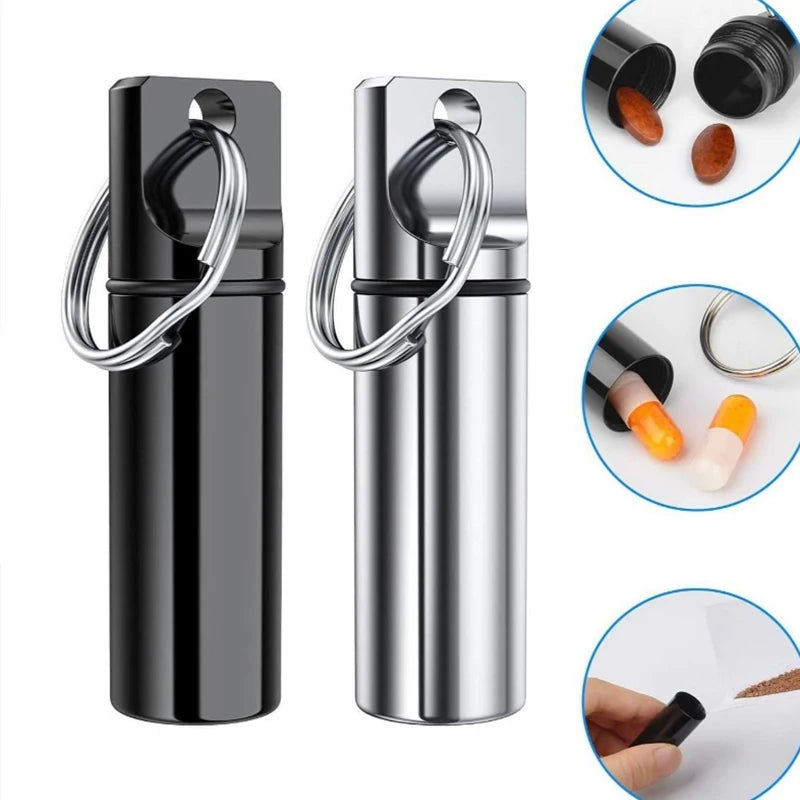 Aluminum Waterproof Pill Box Cases with Sealed Storage - Flat Head - Round Alloy Cartridge and Keychain for Vitamin, Medicines, Fish Oils