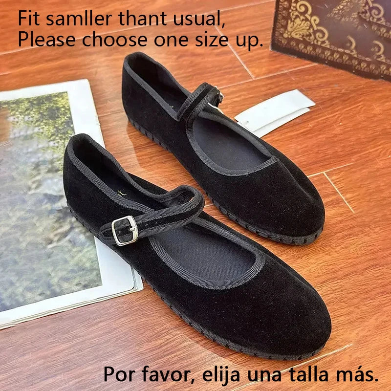 Women's Velvet Mary Jane Shoes - Hand Stitched Casual Streetwear - Ballet Flats