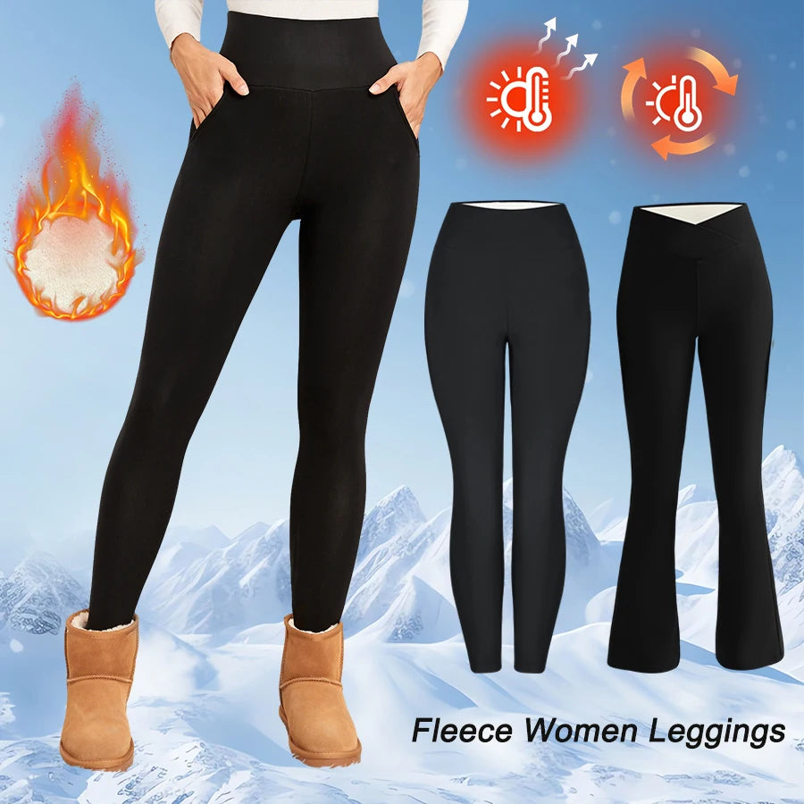 Women's Fleece Leggings - Thick Flared Pants - High-Waisted Thermal Tights - Tummy Control Leggings - Casual Wear