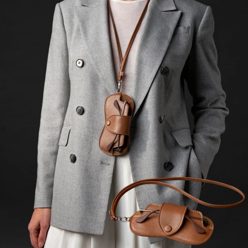 Portable Sunglasses Storage Bag - Hanging Glasses Case - PU Leather - Glasses Holder - Protective Sleeve with Lanyard for Travel