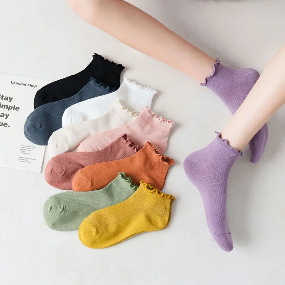 Women's Frilly Ruffle Cotton Socks - Ankle Short - Boat Socks - Loose Knitting - Solid Color - Mid Tube Sock