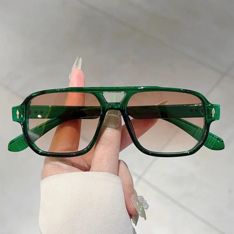 Vintage Double Bridges Square Sunglasses - Fashion - Green Ocean Lens - UV400 Eyewear - Trending Rivets Sun Glasses