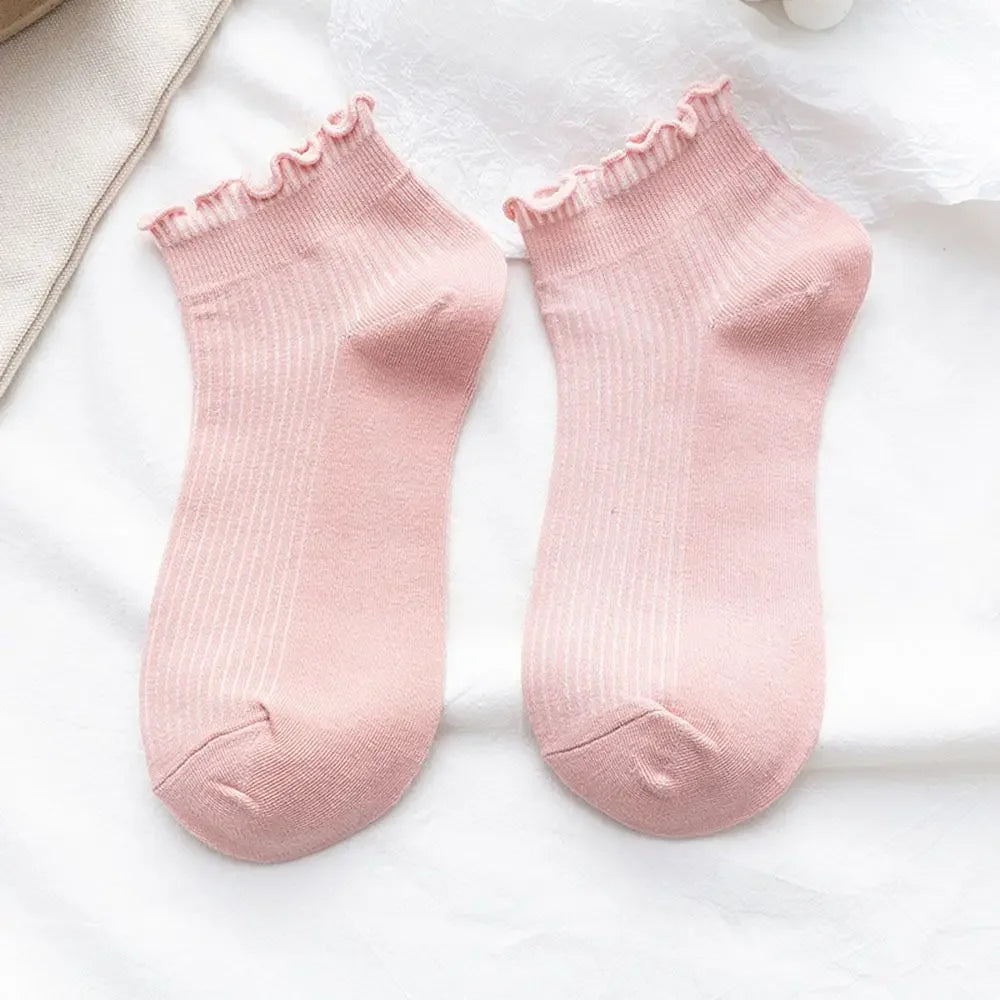 Women's Frilly Ruffle Cotton Socks - Ankle Short - Boat Socks - Loose Knitting - Solid Color - Mid Tube Sock