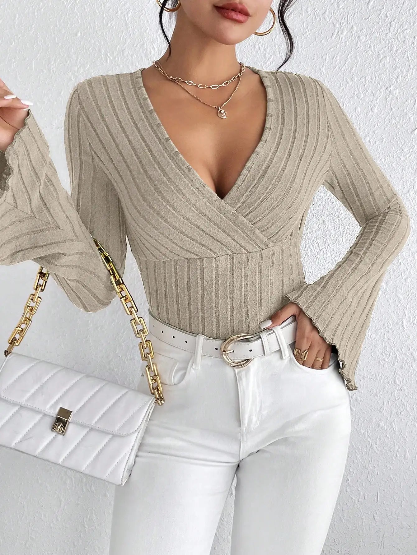 Women's V-neck Sexy Slim Striped Women's Long-sleeved Tops