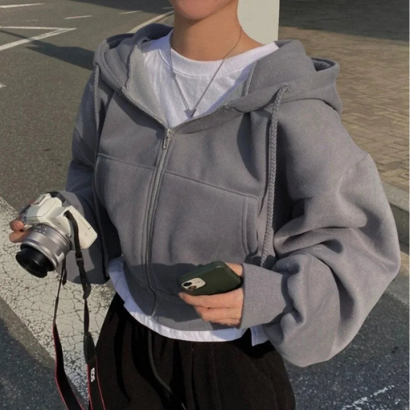 Fleece-lined Versatile Cropped Slims Smooths Silhouette Zip-up Hooded Sweatshirt