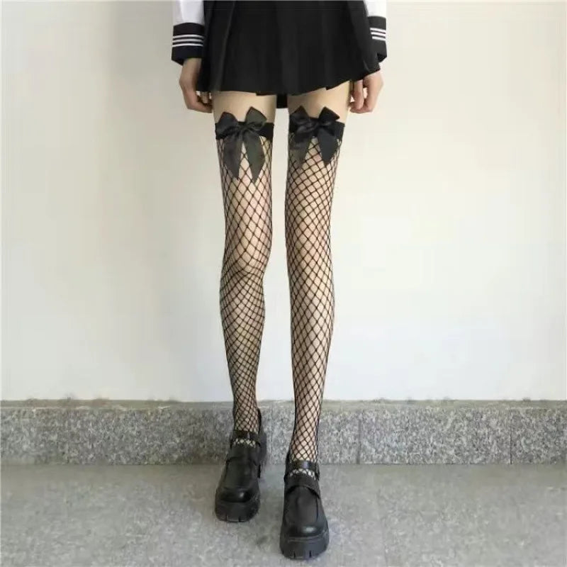 Black White Sexy Overknee Long Socks - Women - Sweet Girls - Lolita Bowknot - Thigh High Fishnet Stockings - Gothic Punk Lace Mesh Legging