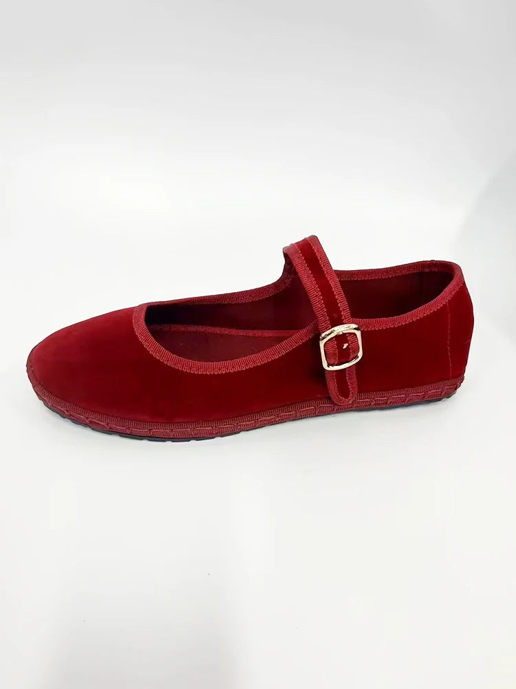 Women's Velvet Mary Jane Shoes - Hand Stitched Casual Streetwear - Ballet Flats