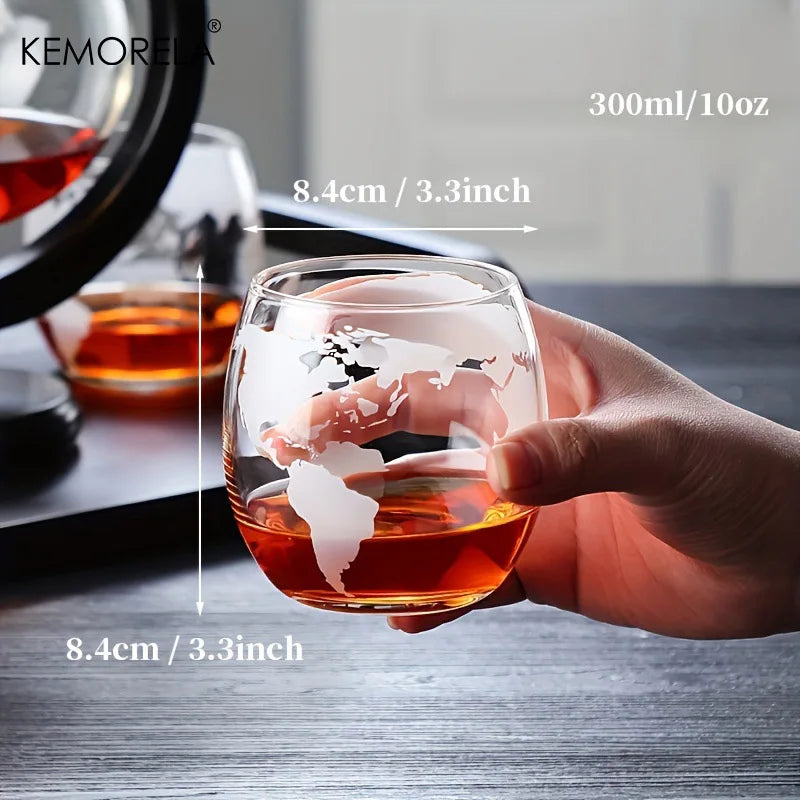 900ML Creative Globe Decanter Set with Lead-free Carafe Exquisite Wood-stand and 2 Glasses Whiskey Decanter Globe Grade Gift