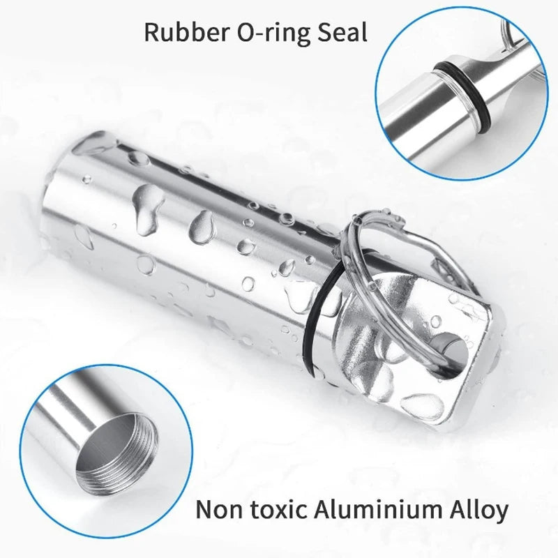 Aluminum Waterproof Pill Box Cases with Sealed Storage - Flat Head - Round Alloy Cartridge and Keychain for Vitamin, Medicines, Fish Oils