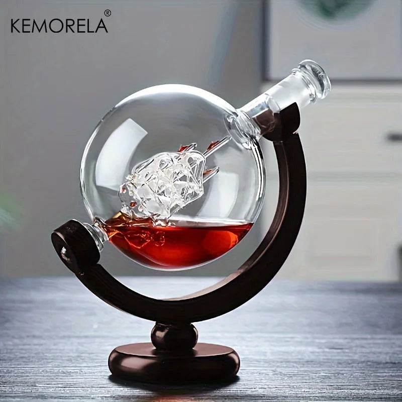 900ML Creative Globe Decanter Set with Lead-free Carafe Exquisite Wood-stand and 2 Glasses Whiskey Decanter Globe Grade Gift