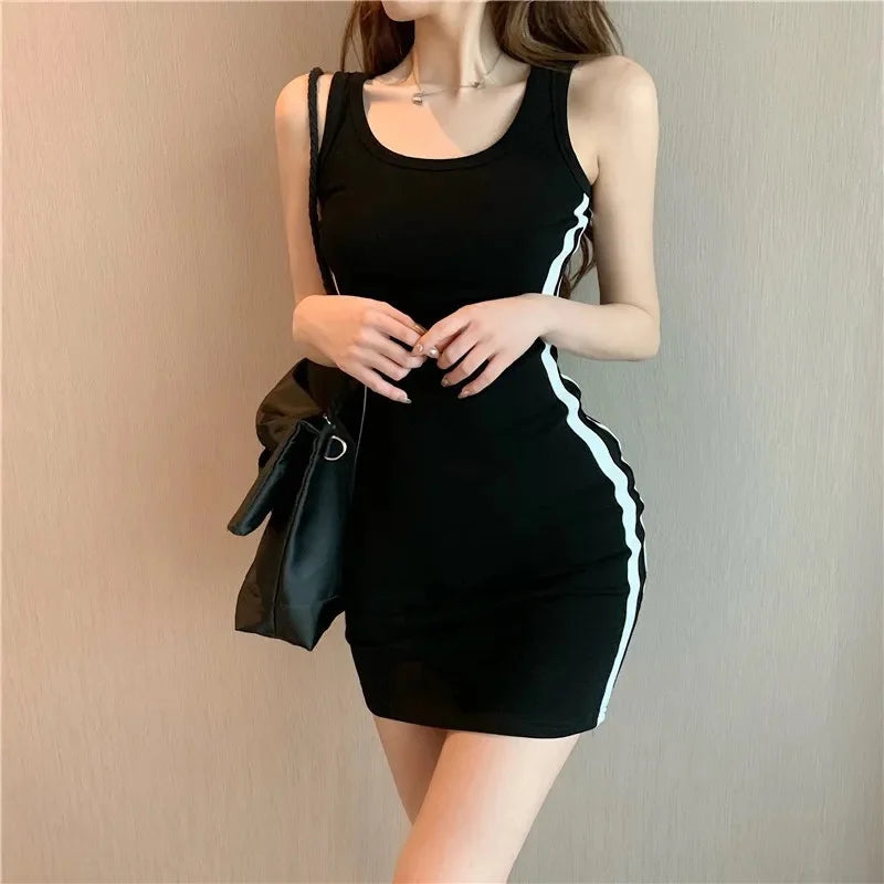 Casual Sheath Dress - Thin Strap Sleeveless Stretch Slim Dress