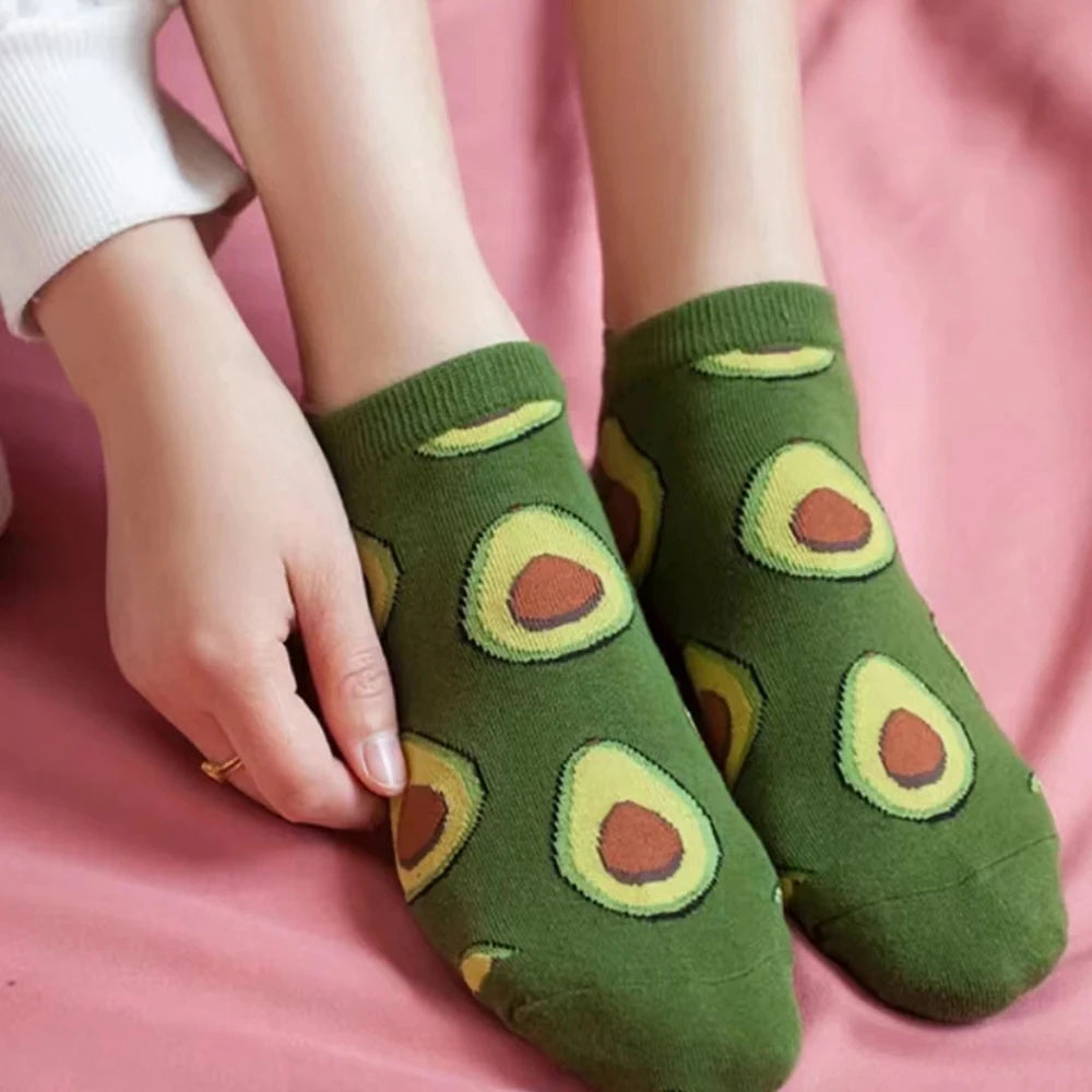 5 Pairs - Women's Avocado Low Cut Ankle Socks - Cartoon Fresh Fashion - Breathable Kawaii Comforts