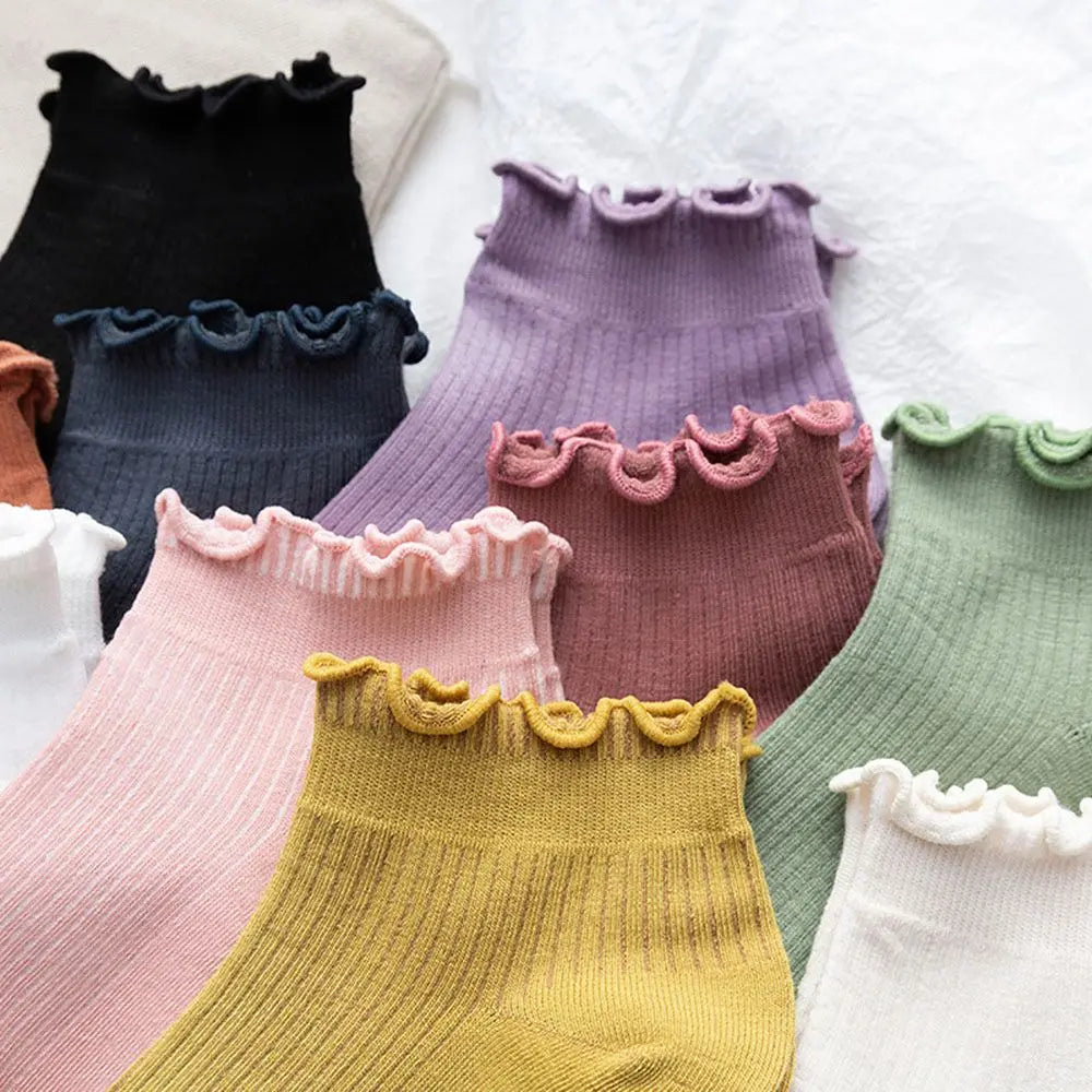 Women's Frilly Ruffle Cotton Socks - Ankle Short - Boat Socks - Loose Knitting - Solid Color - Mid Tube Sock