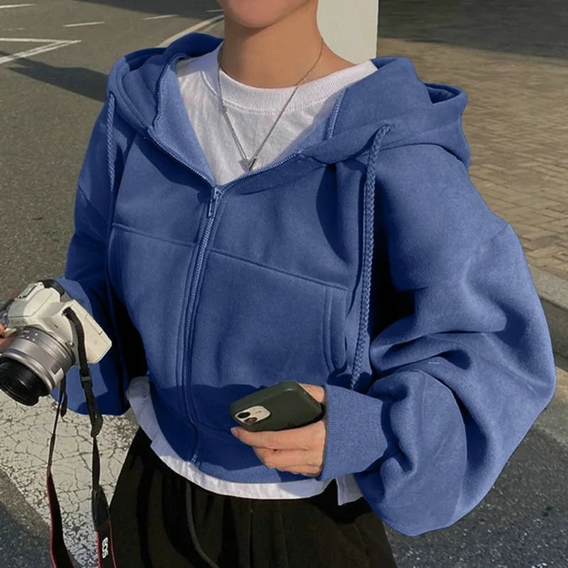 Fleece-lined Versatile Cropped Slims Smooths Silhouette Zip-up Hooded Sweatshirt