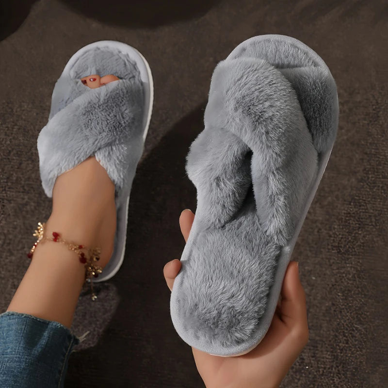 Cross Warm Fluffy Furry Slippers - Lightweight Flat Heels - Fur Slides Open Toe Non Slip Home Floor Shoes