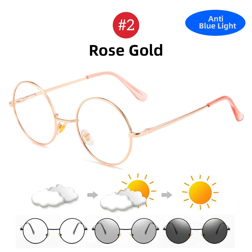 Photochromic Men's Blue Light Blocking Glasses Retro UV400 Anti Glare Round Color Changing Sunglasses Computer Shades