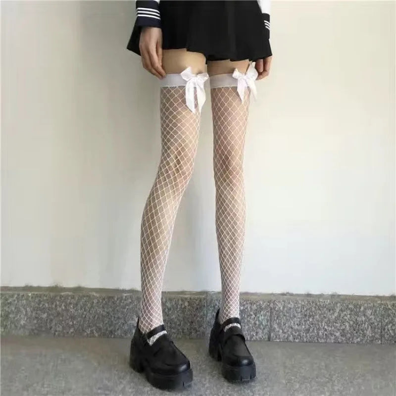 Black White Sexy Overknee Long Socks - Women - Sweet Girls - Lolita Bowknot - Thigh High Fishnet Stockings - Gothic Punk Lace Mesh Legging