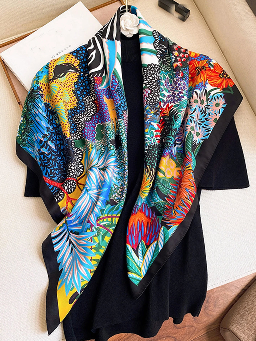Luxury Brand Square Silk Scarf - Satin Print - Hijab - Scarves - Bandana - Female Shawl Wrap - Headband - Foulard 90x90 cm - view 5 of 6